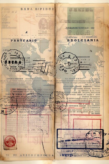 Foto imagem de um passaporte aberto com selos de visto