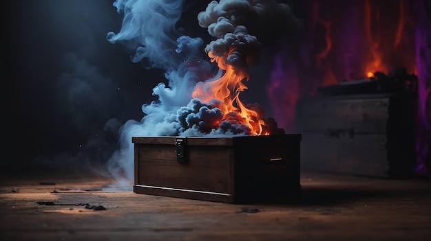 imagem de um quarto escuro e uma fumaça escura fechada no fundo colorido da caixa misteriosa