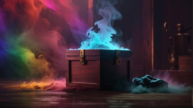 imagem de um quarto escuro e uma fumaça escura fechada no fundo colorido da caixa misteriosa
