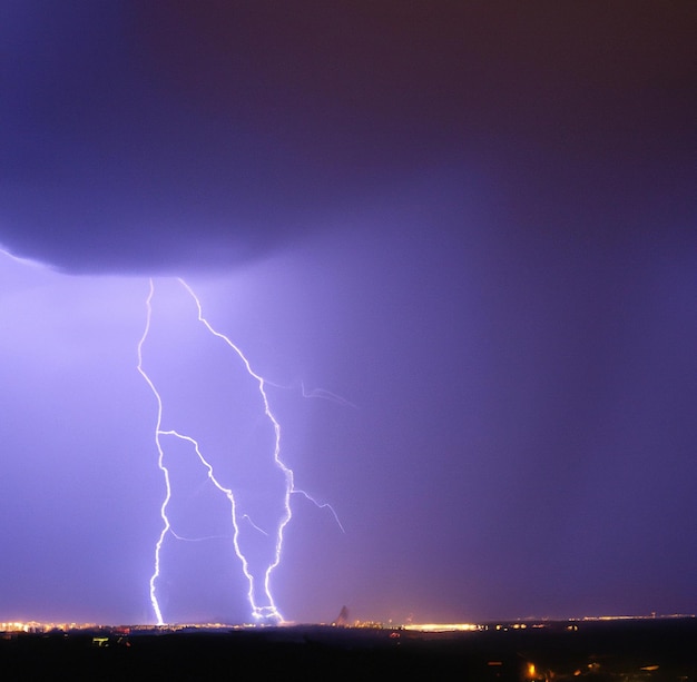 Imagem de um raio de trovão contra o céu tempestuoso roxo com espaço de cópia