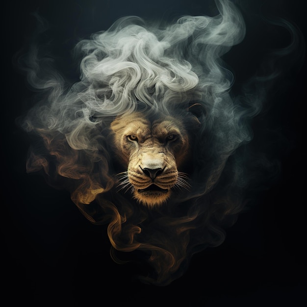 Imagem de um rosto de leão zangado com fumaça de fogo em fundo preto Ilustração de animais selvagens IA generativa