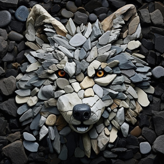 Imagem de um rosto de lobo feito com várias pedras reunidas juntos Animais selvagens Ilustração IA generativa