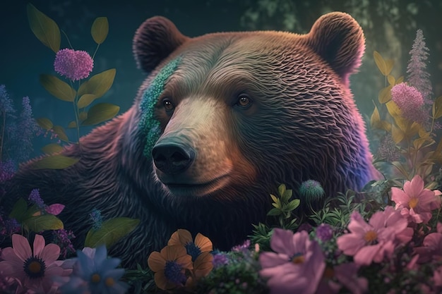 Imagem de um urso cercado por flores tropicais coloridas Ilustração de animais selvagens IA generativa