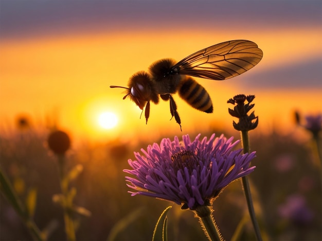 imagem de uma abelha ao lado de uma flor com fundo de pôr do sol