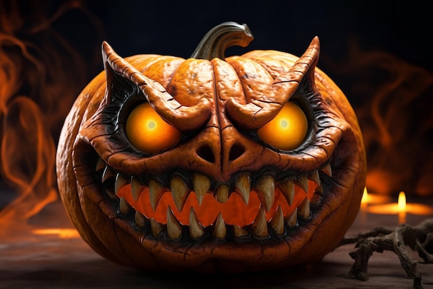 Imagem de uma abóbora de Halloween com boca sorridente e olhos assustadores para uma festa à noite