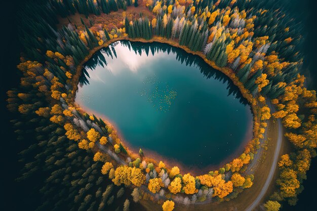 Imagem de uma alta perspectiva de um lindo lago cercado por árvores no outono