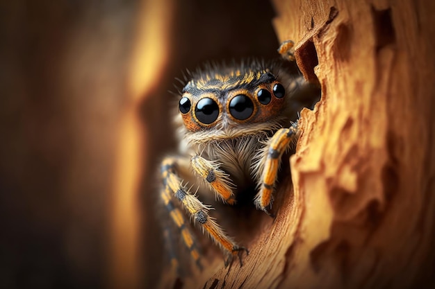 Imagem de uma aranha saltadora bem de perto na fotografia de close-up da casca da árvore Jumping Spider