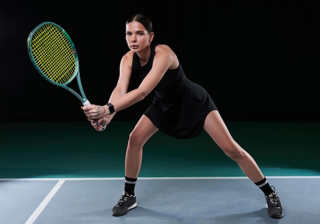 Foto imagem de uma bela tenista em um vestido preto posando na quadra de tênis conceito esportivo