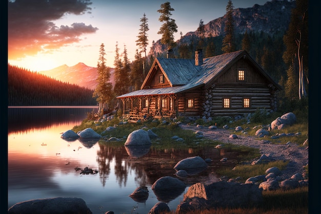 Imagem de uma cabana nas montanhas com lago e rochas generativas ai