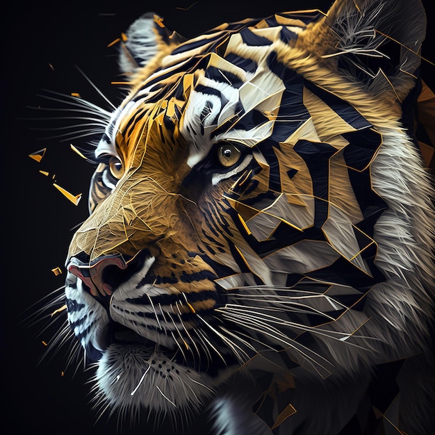 Imagem de uma cabeça de tigre com lindas cores brilhantes em um fundo escuro Ilustração de animais selvagens IA generativa