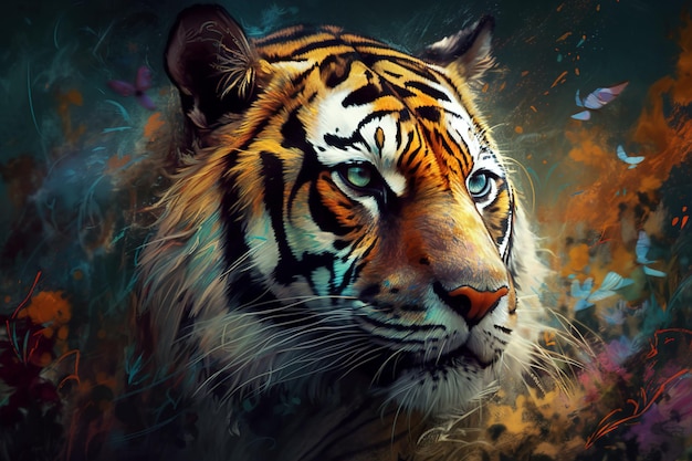 Imagem de uma cabeça de tigre com lindas cores brilhantes em um fundo escuro Ilustração de animais selvagens IA generativa
