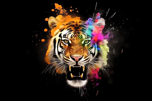 Imagem de uma cabeça de tigre com lindas cores brilhantes em um fundo escuro ilustração de animais selvagens ia generativa