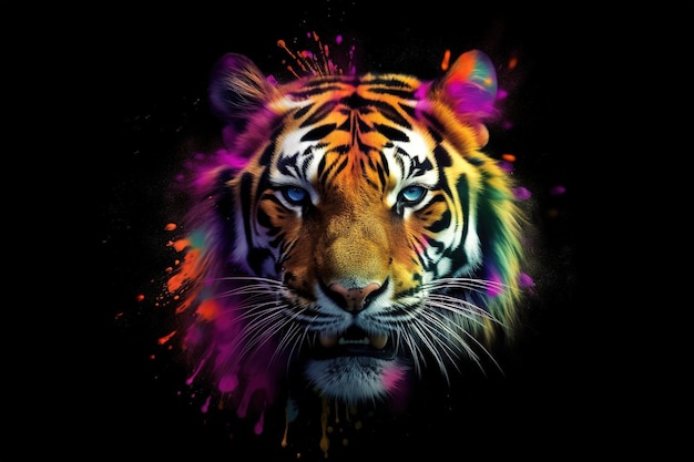 Imagem de uma cabeça de tigre com lindas cores brilhantes em um fundo escuro ilustração de animais selvagens ia generativa