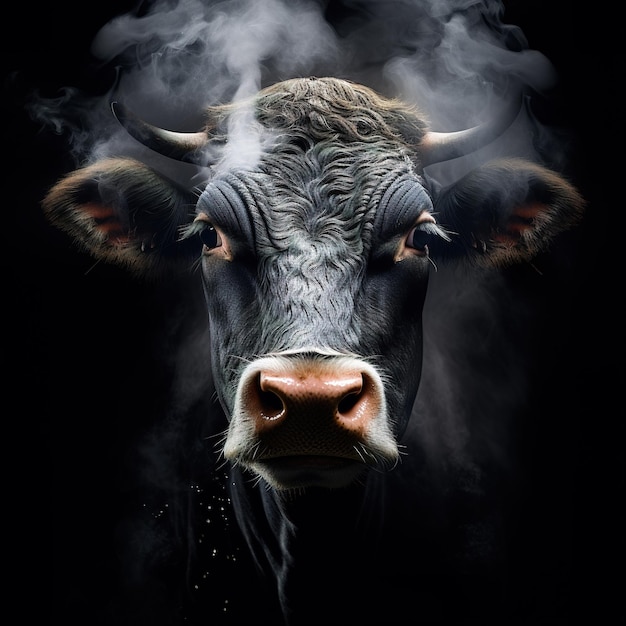 Imagem de uma cara de vaca com fumaça de fogo em fundo preto Ilustração de animais de fazenda Generative AI