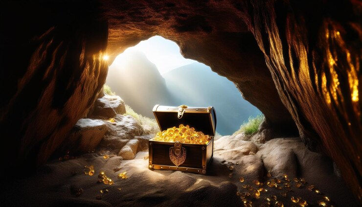 Foto imagem de uma caverna com uma caixa de tesouro aberta cheia de ouro brilhante n