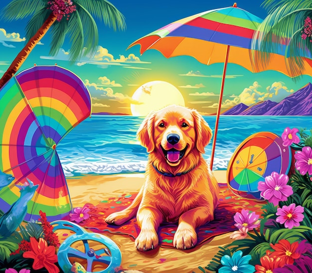 Imagem de uma cena de praia de uma IA generativa Golden Retriever colorida