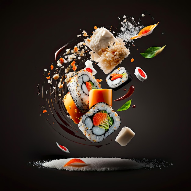 Imagem de uma composição de vários tipos de sushi suspensos no ar com salpicos de molho de soja e arroz