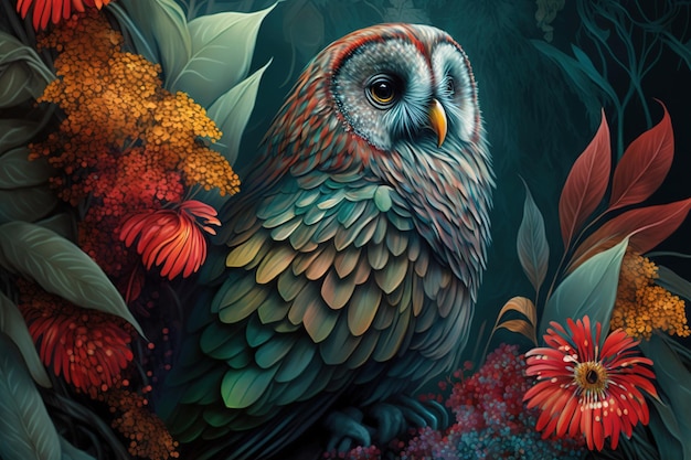 Imagem de uma coruja colorida com flores tropicais coloridas Ilustração de pássaros de animais selvagens IA generativa