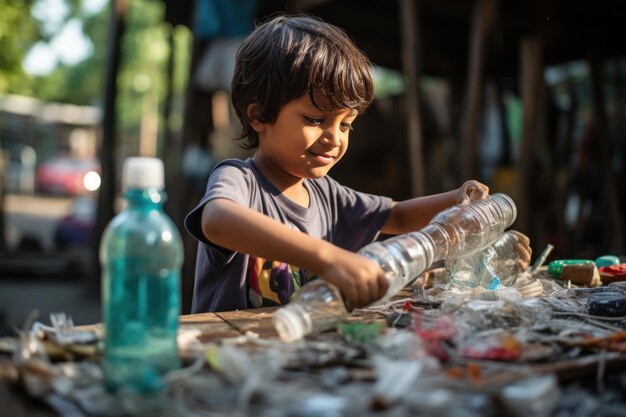 Imagem de uma criança entusiasmada levando garrafas de plástico recicláveis para um centro de reciclagem IA geradora