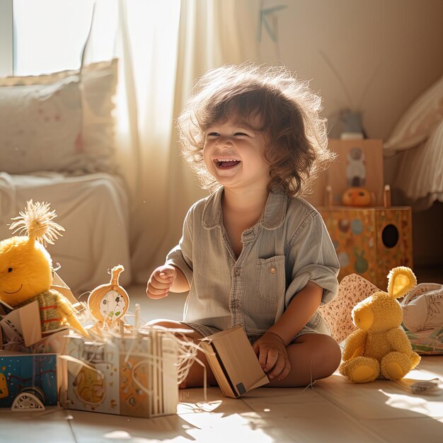 Foto imagem de uma criança feliz a brincar em casa. v52 id de emprego a7993dc7fa814272afeea0eab6fa322d