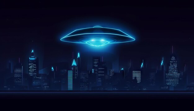 Imagem de uma espaçonave OVNI iluminada pairando sobre o horizonte de uma cidade escura com um portal de luz azul aberto abaixo dele IA generativa