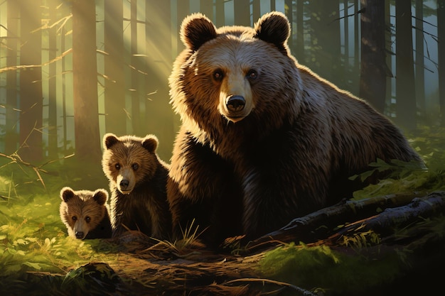 Imagem de uma família de ursos bonitos na floresta Animais selvagens Ilustração IA geradora