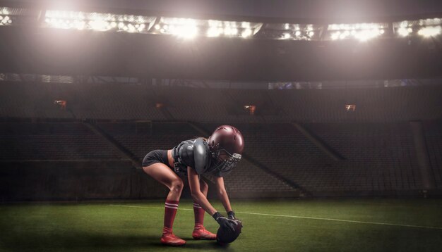 Imagem de uma garota com o uniforme de um jogador do time de futebol americano se preparando para jogar a bola no estádio. Conceito de esportes. Mídia mista