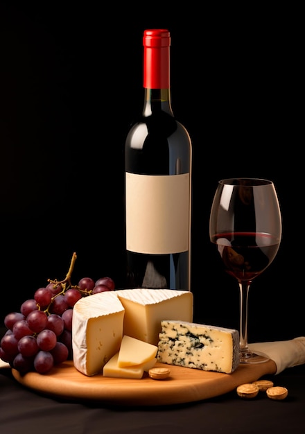 Imagem de uma garrafa de vinho vermelho com queijo e uvas ao lado