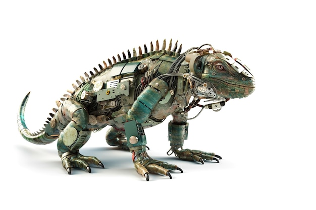 Imagem de uma iguana modificada em um robô eletrônico em um fundo branco Ilustração de animais répteis IA generativa