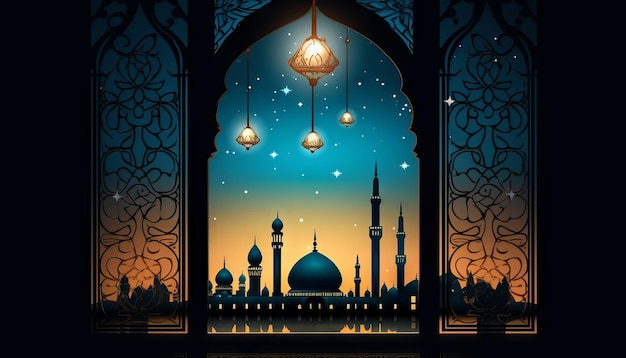 Imagem de uma janela com vista para um lago ou rio tranquilo com uma mesquita em suas margens para celebrar o Eid alFitr Generative ai