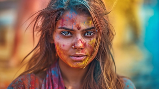 Imagem de uma jovem adorável que respingou com tinta colorida durante a celebração indiana das cores Holi Generative AI