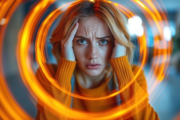 Foto imagem de uma jovem angustiada segurando a cabeça com uma expressão preocupada cercada por trilhas de luz coloridas que simbolizam o caos e a confusão mental