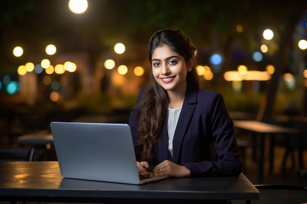 Imagem de uma jovem bela e alegre mulher sorrindo enquanto trabalha com um laptop no escritório