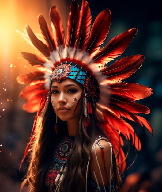 Imagem de uma jovem indiana vestindo um chapéu indígena e roupas indígenas