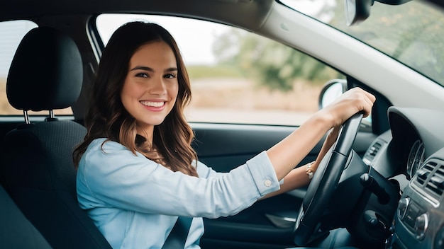 Imagem de uma jovem linda a conduzir um carro e um retrato sorridente