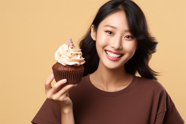 Imagem de uma jovem nutricionista asiática mostrando cupcake de pastelaria com muitas calorias proibidas de comer