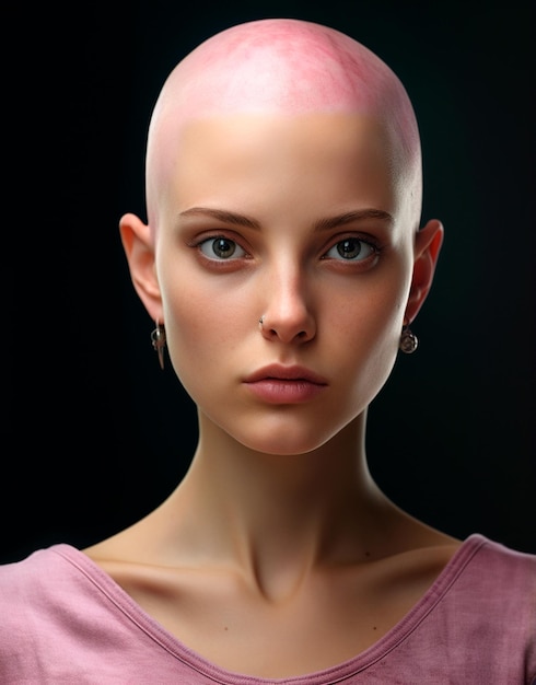 imagem de uma linda mulher careca vestindo roupas rosa