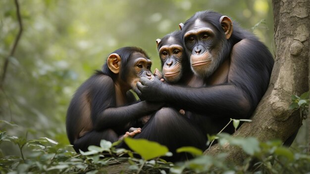 imagem de uma mãe chimpanzé cuidando de seus filhotes em um cenário florestal enfatizar a conexão emocional