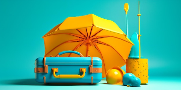 Imagem de uma mala com protetor solar e guarda-chuva