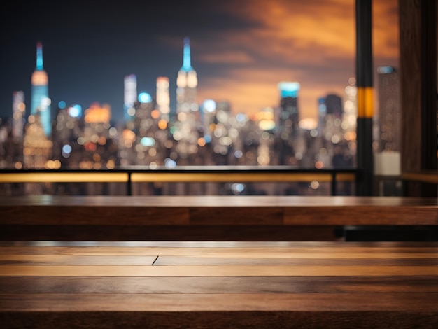 Imagem de uma mesa de madeira perfeita em frente ao fundo abstrato desfocado da cidade de Nova York