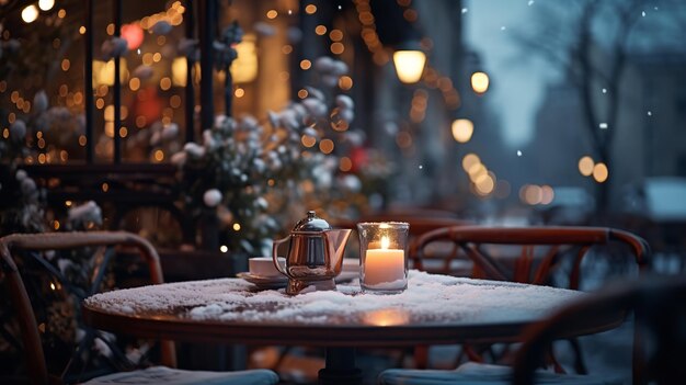 Imagem de uma mesa em um confortável terraço da cidade durante uma nevasca de inverno IA geradora