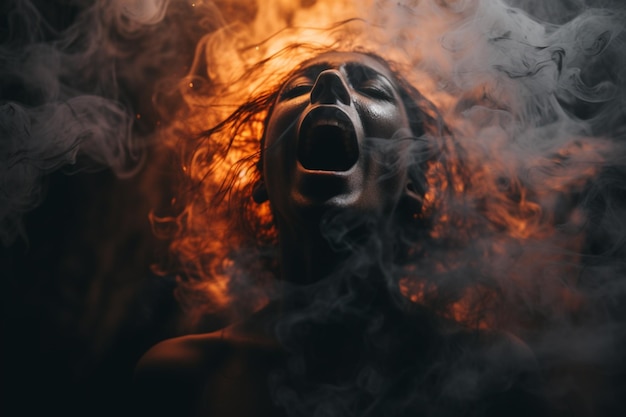 imagem de uma mulher 039s gritando rosto saindo de uma fumaça cinza escuro