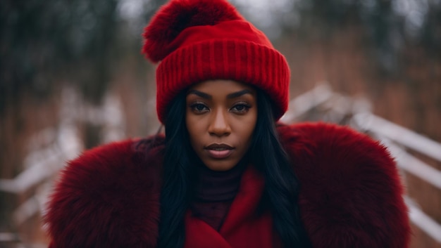 Imagem de uma mulher afro comemorando o Natal com um moletom vermelho e um casaco vermelho