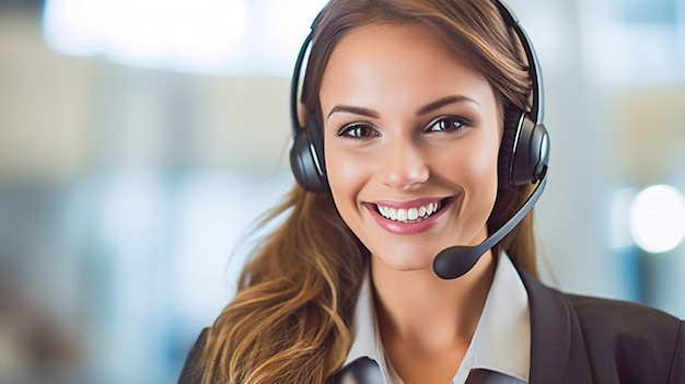 Imagem de uma mulher alegre trabalhando como agente de atendimento ao cliente usando um fone de ouvido GERAR IA