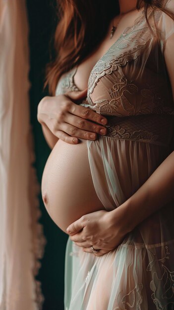 Foto imagem de uma mulher grávida tocando sua barriga com as mãos