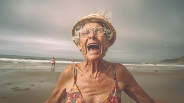 Imagem de uma mulher madura feliz na praia