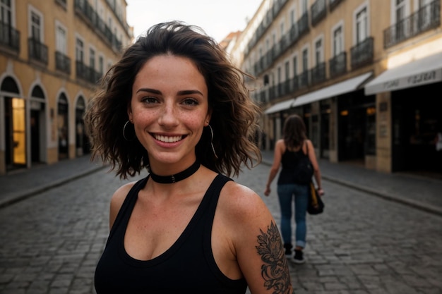 Imagem de uma mulher sorridente andando por uma rua movimentada de Lisboa