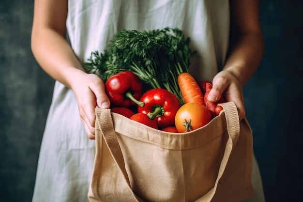 Imagem de uma pessoa segurando uma sacola de compras reutilizável cheia de frutas e vegetais frescos promovendo hábitos de compras ecologicamente corretos IA generativa do Dia da Terra