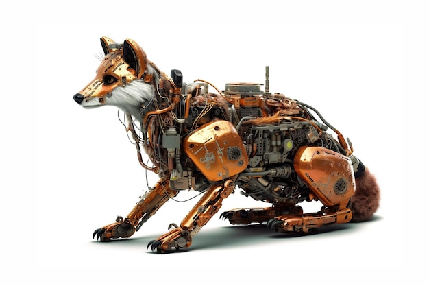 Imagem de uma raposa modificada em um robô eletrônico em um fundo branco Ilustração de animais selvagens IA generativa