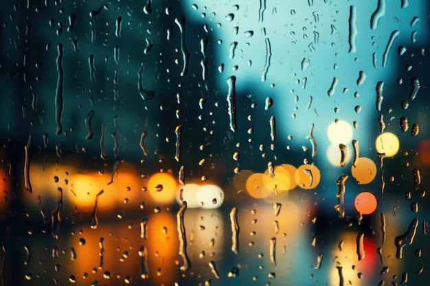Imagem de uma rua noturna cheia de chuva em uma janela, gotas de água IA generativa
